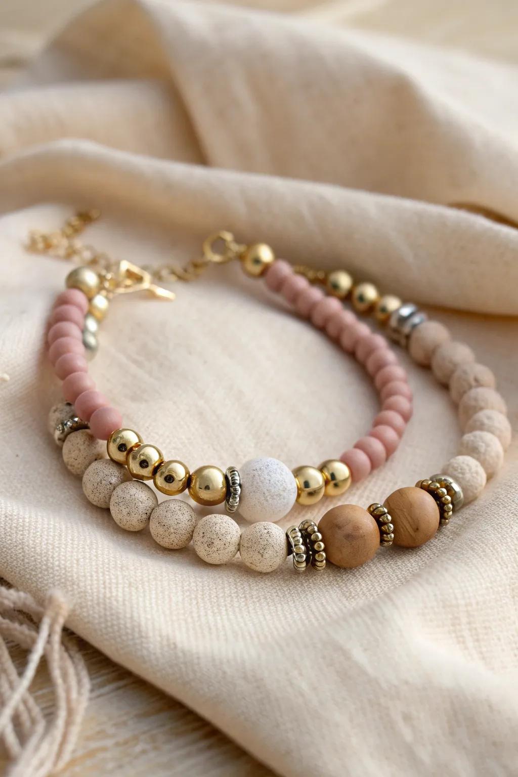 Embrace the charm of contrasts with this stunning metallic mix clay bead bracelet, perfect for a chic summer look.