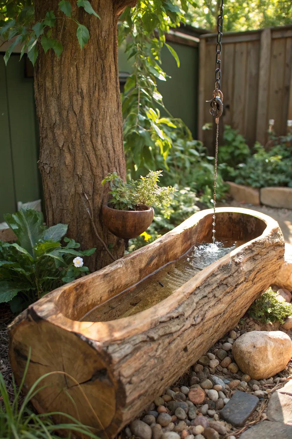 Embrace rustic elegance with a hollow log rain chain basin, where simplicity meets nature's artistry. 🌿✨