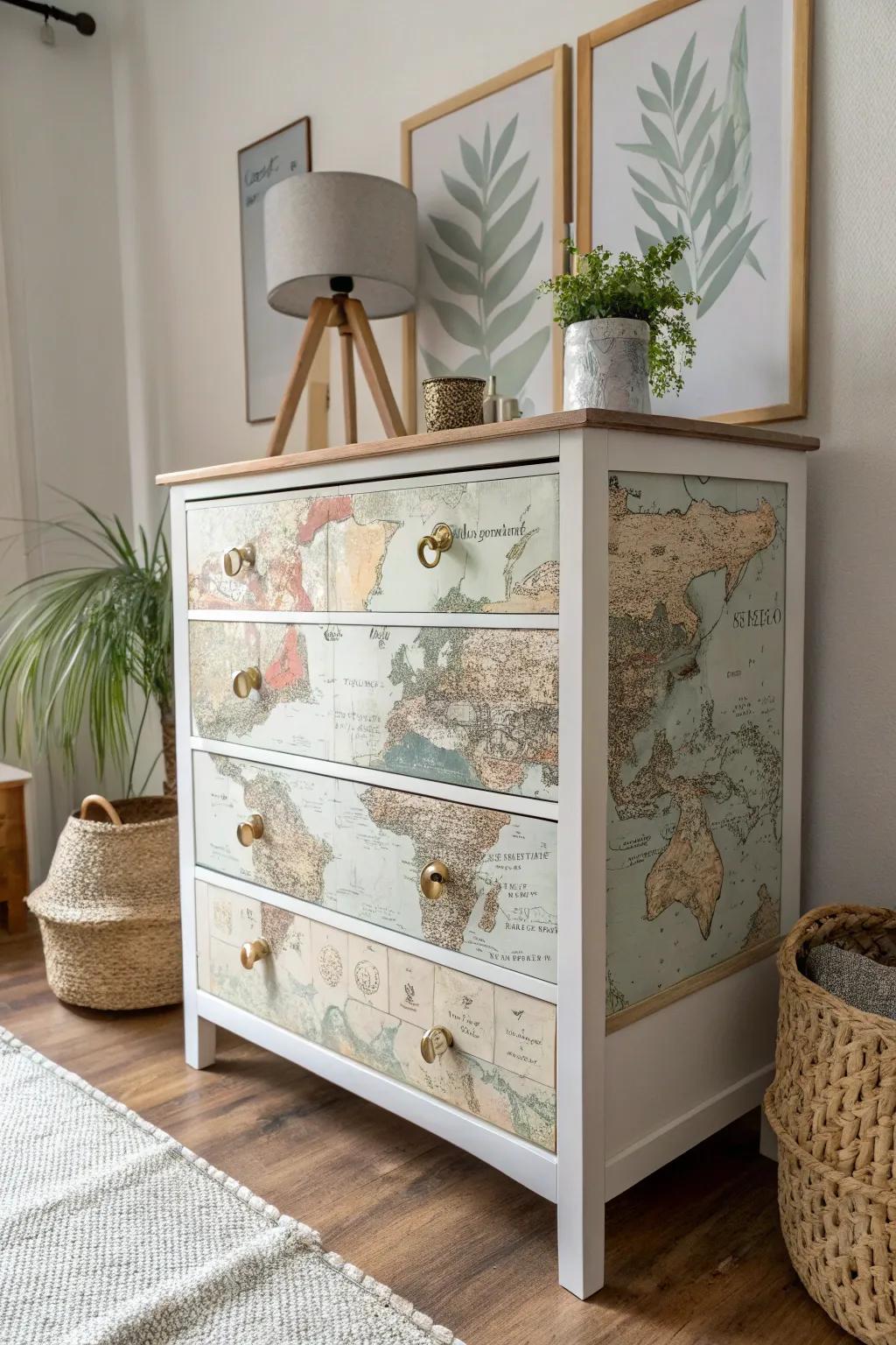 Transform your dresser into a conversation starter with vintage map decoupage—where nostalgia meets minimalist elegance.