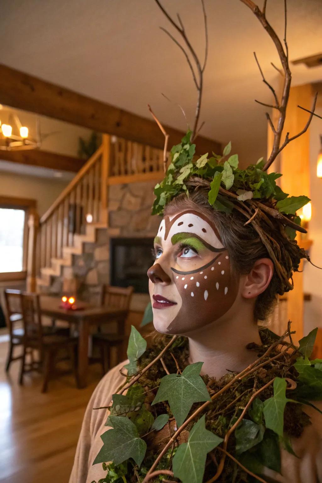 Nature-inspired elements bring a cozy, seasonal touch to reindeer face paint.