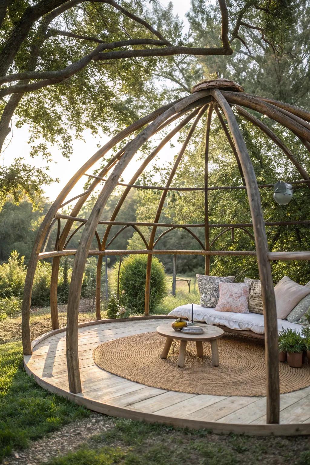 Transform your old trampoline into a serene rustic gazebo, the perfect spot for a peaceful morning coffee.