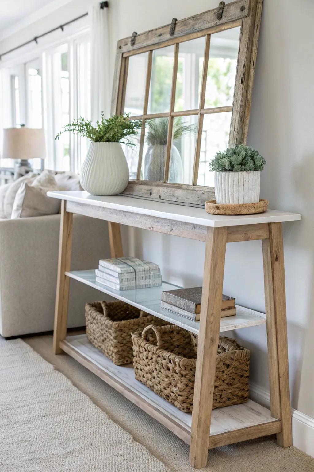 Transform history into style with this repurposed window console table, a perfect blend of Scandinavian minimalism and bohemian charm.