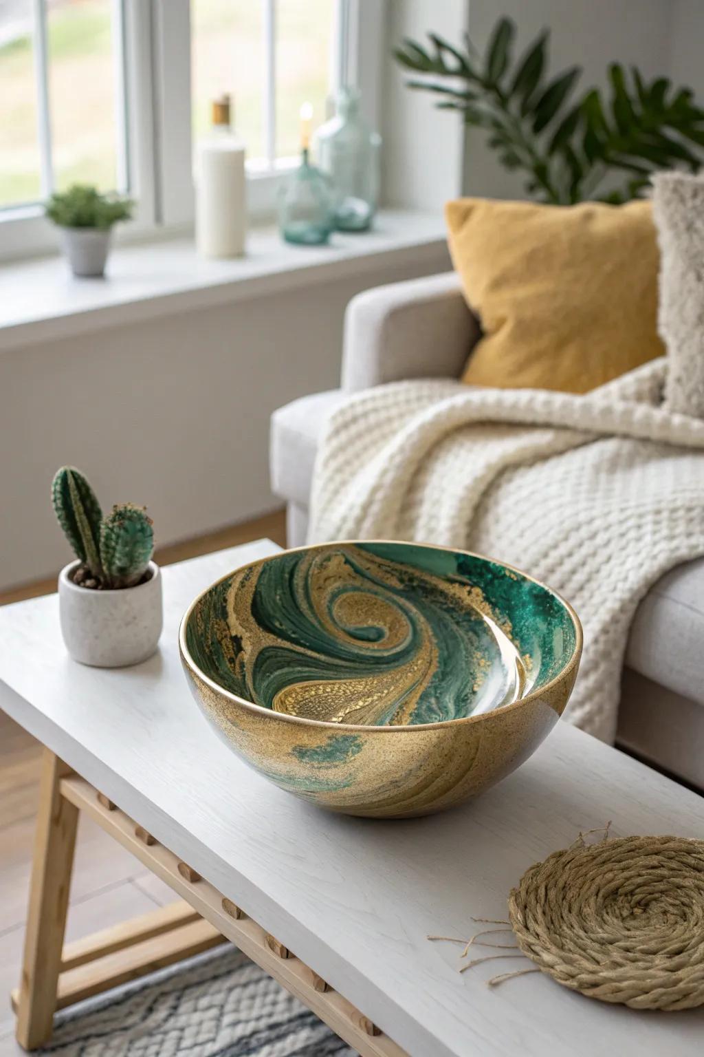 A touch of elegance: Discover the art of resin with this stunning gold and emerald bowl.