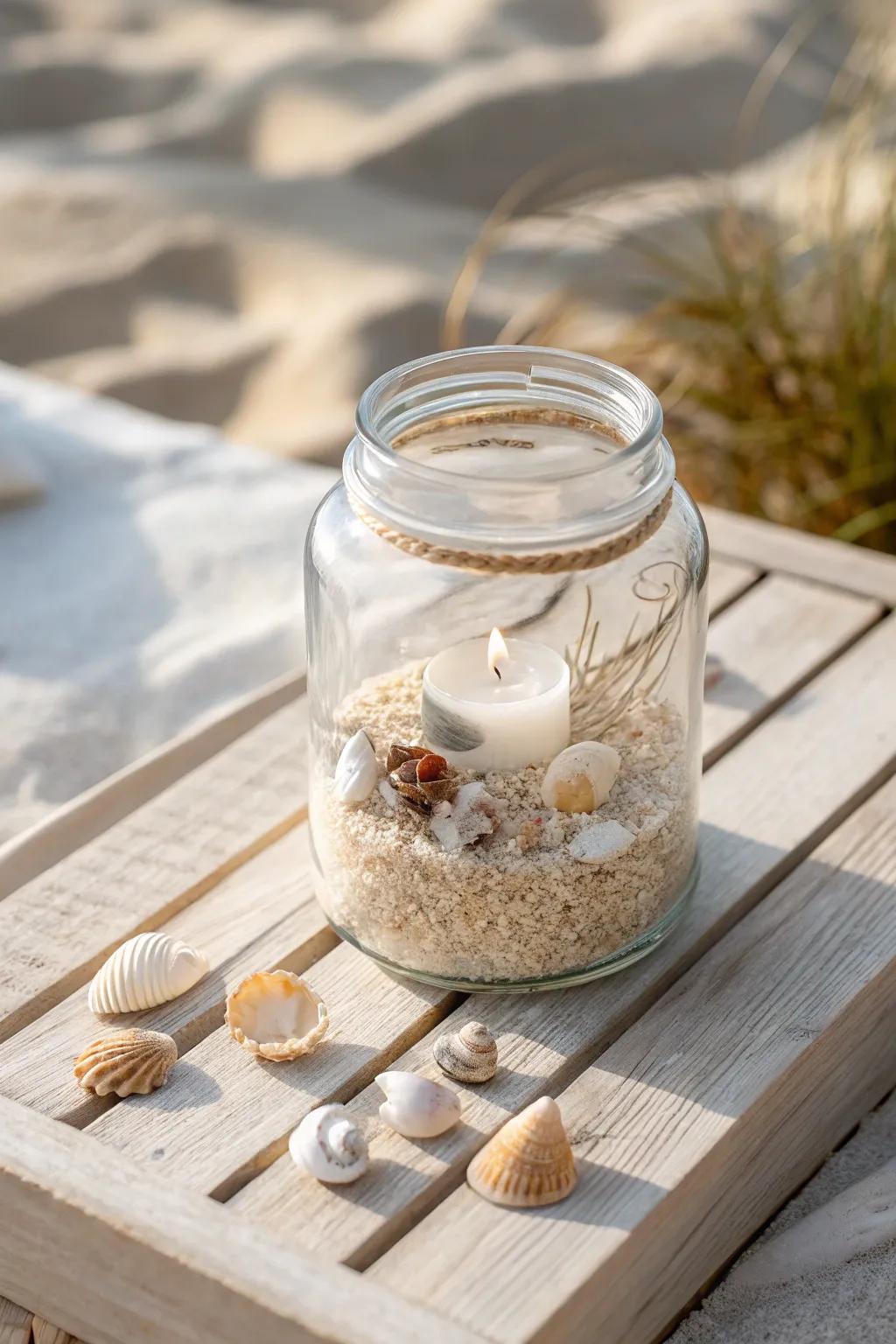 Capture the essence of the ocean with a minimalist resin jar, bringing the tranquil beach vibes indoors.