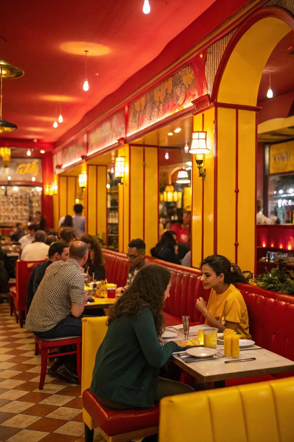 A high-energy restaurant with vibrant reds and yellows.