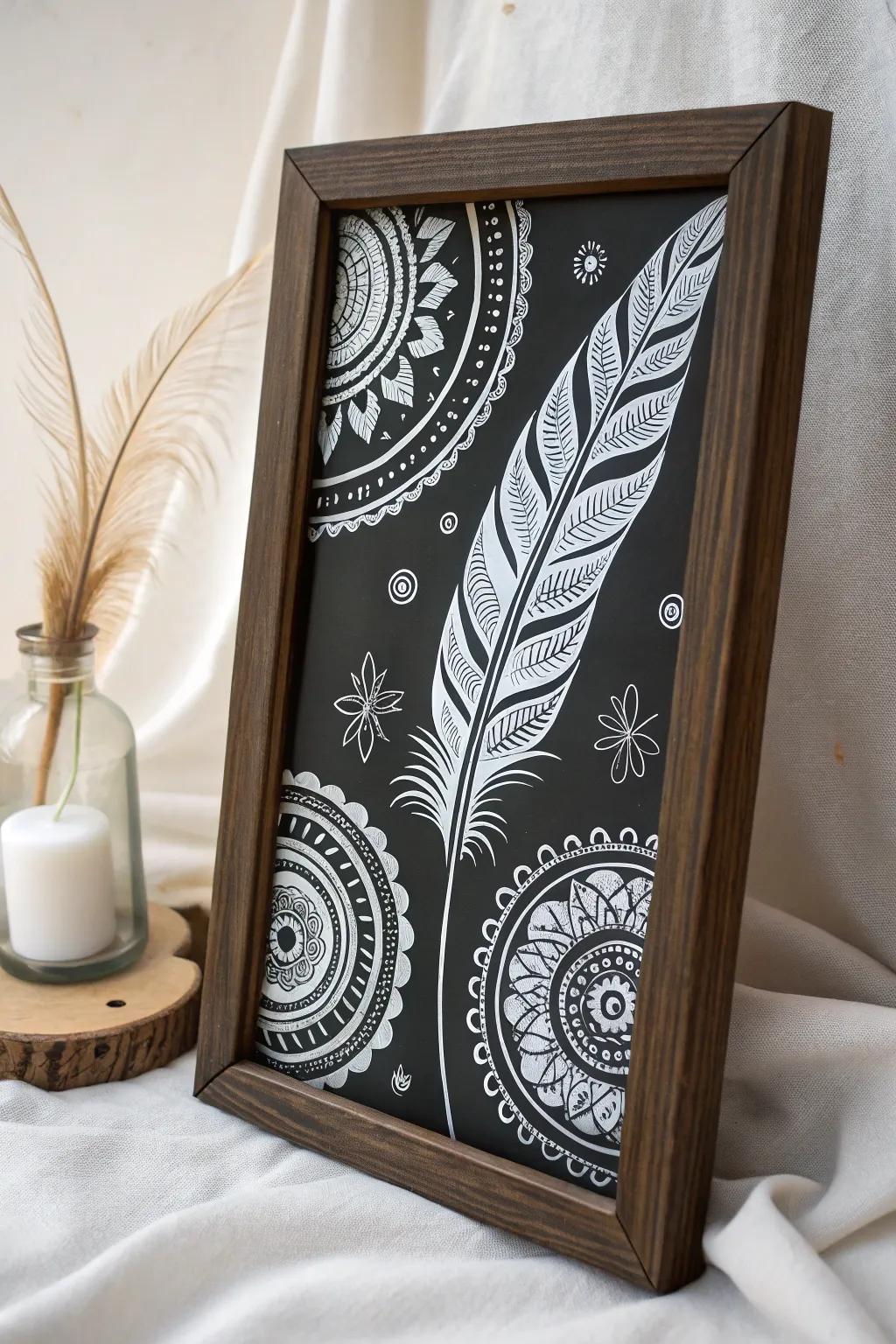 Discover the magic of monochrome with this elegant reverse glass painting, a perfect blend of minimalist charm and Boho grace.