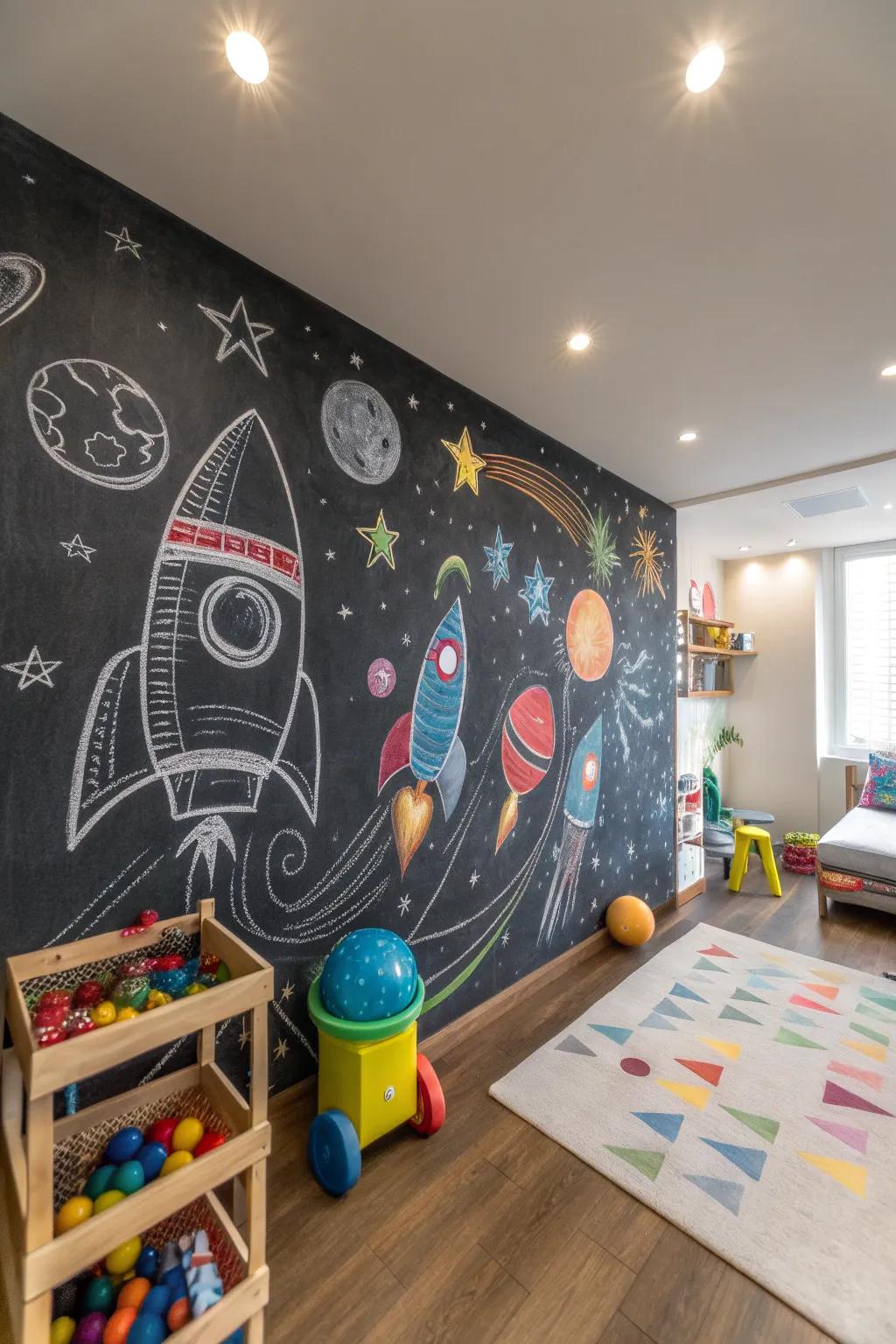 Encourage creativity with a rocket-themed chalkboard wall.