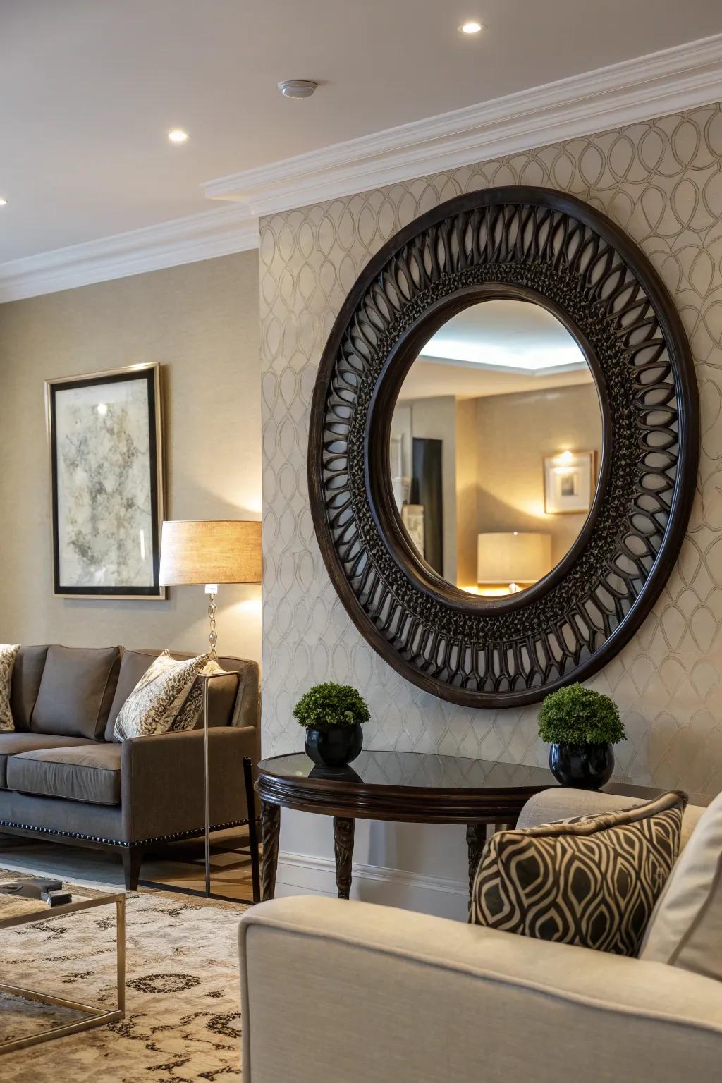 Dramatic contrast created by a bold-framed round mirror.