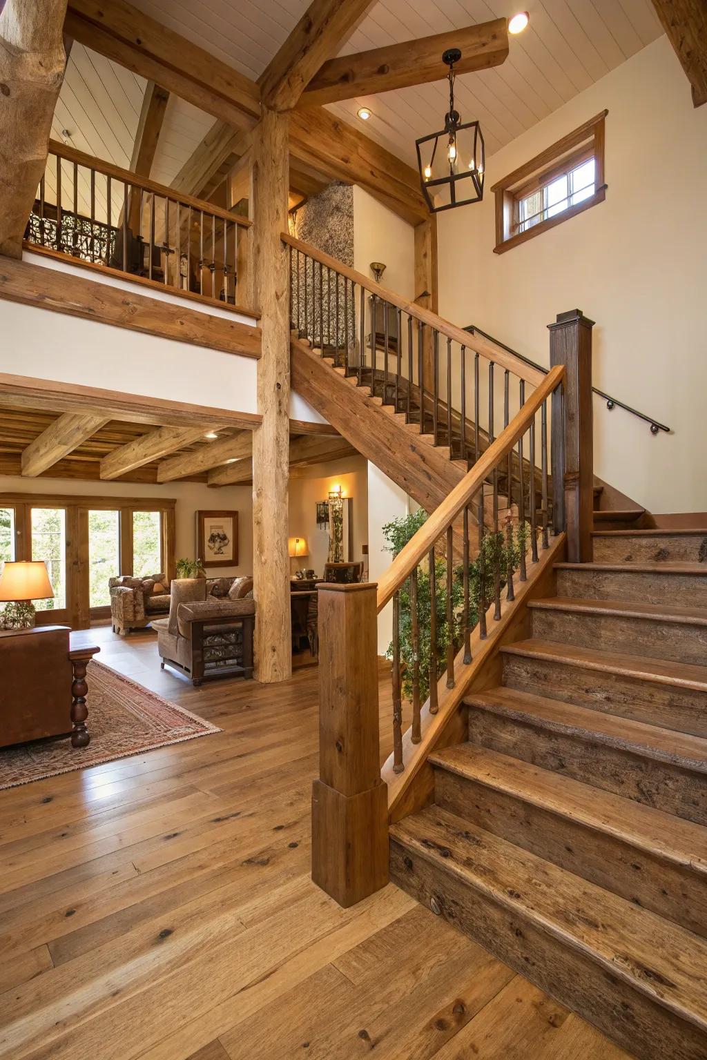 Exposed beams integrated into a staircase for a cohesive rustic theme.