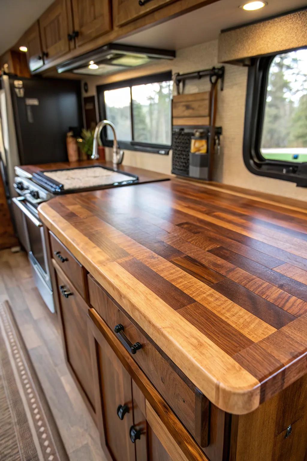 Elevate your RV kitchen with the timeless beauty of butcher block countertops.
