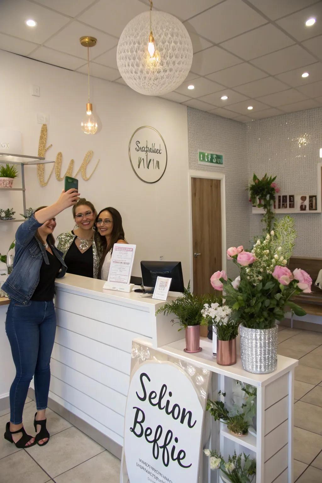 A salon reception area featuring a stylish selfie spot for client engagement.