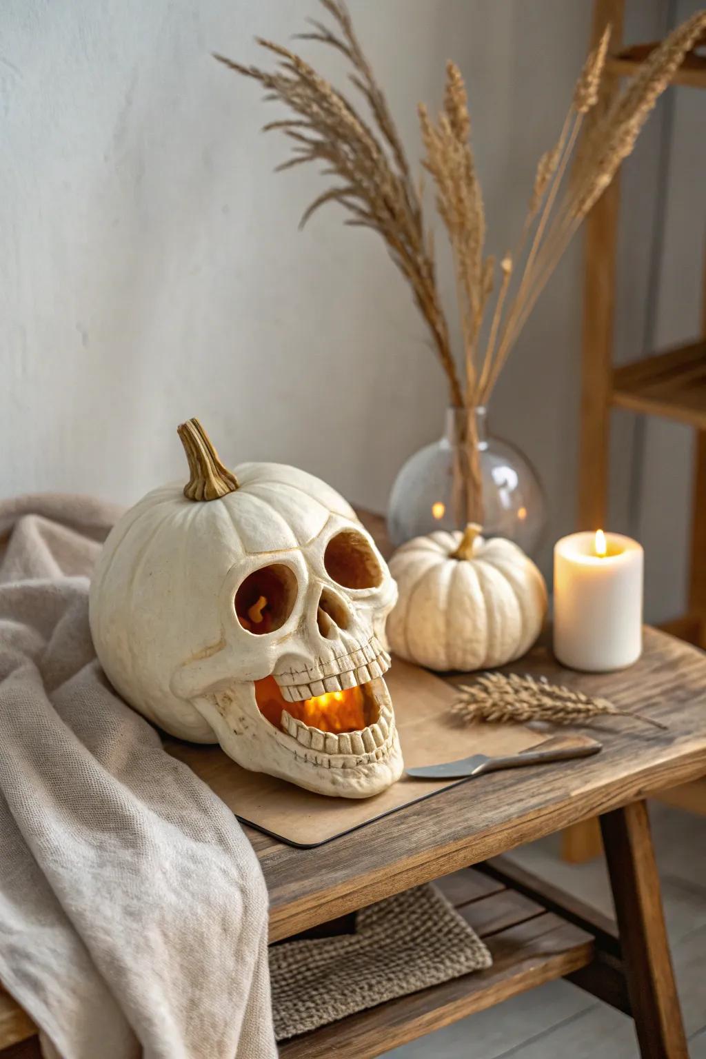 Embrace the eerie elegance: A minimalist skull carving for a truly haunting Halloween.