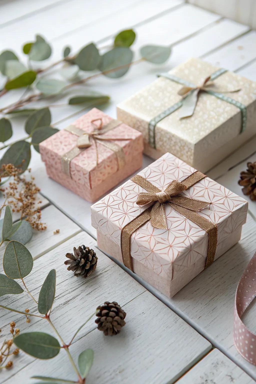 Delight in the charm of handcrafted miniature gift boxes, perfect for adding a personal touch to your holiday decor.