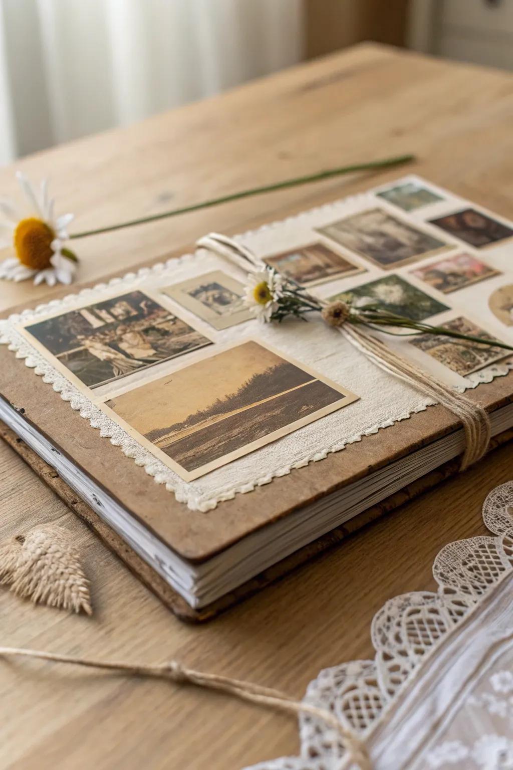 Capture the essence of nostalgia with a vintage-inspired scrapbook cover that tells its own story.