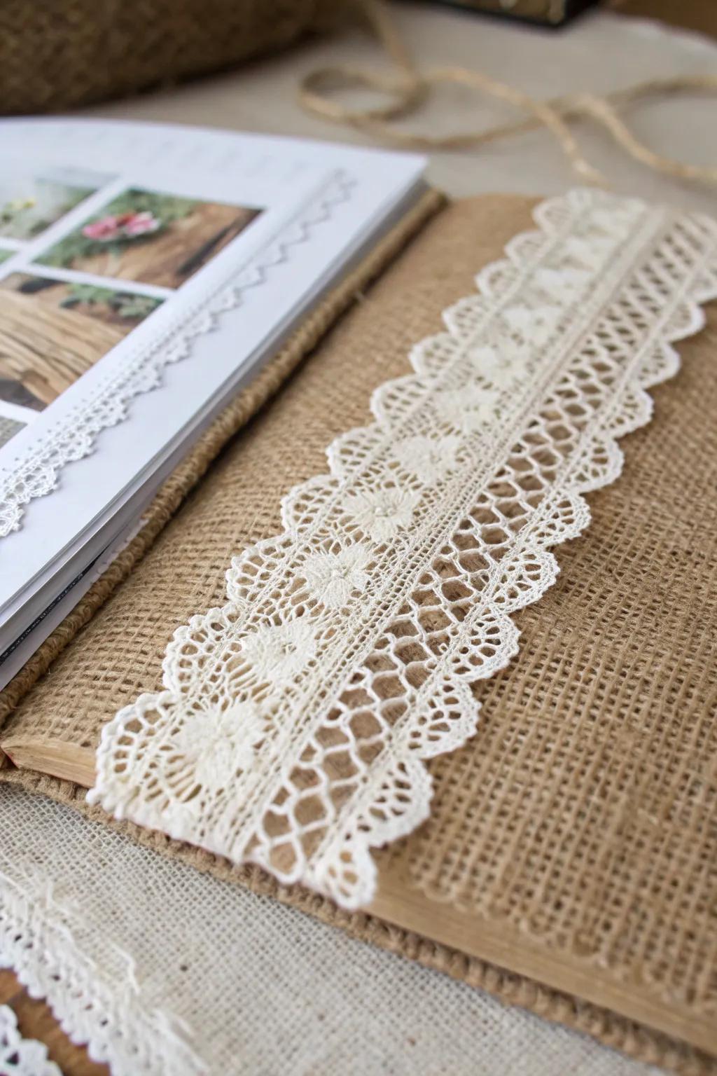 Elevate your scrapbook with the charm of lace and burlap – where simplicity meets tactile beauty.