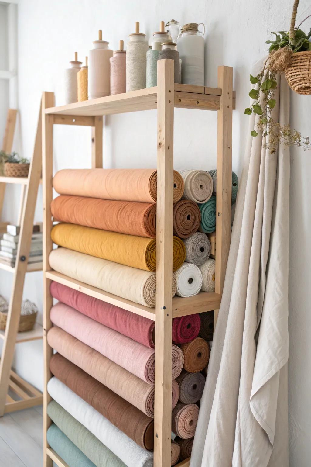 Transform your sewing space with color-coordinated storage for an elegant and practical touch.