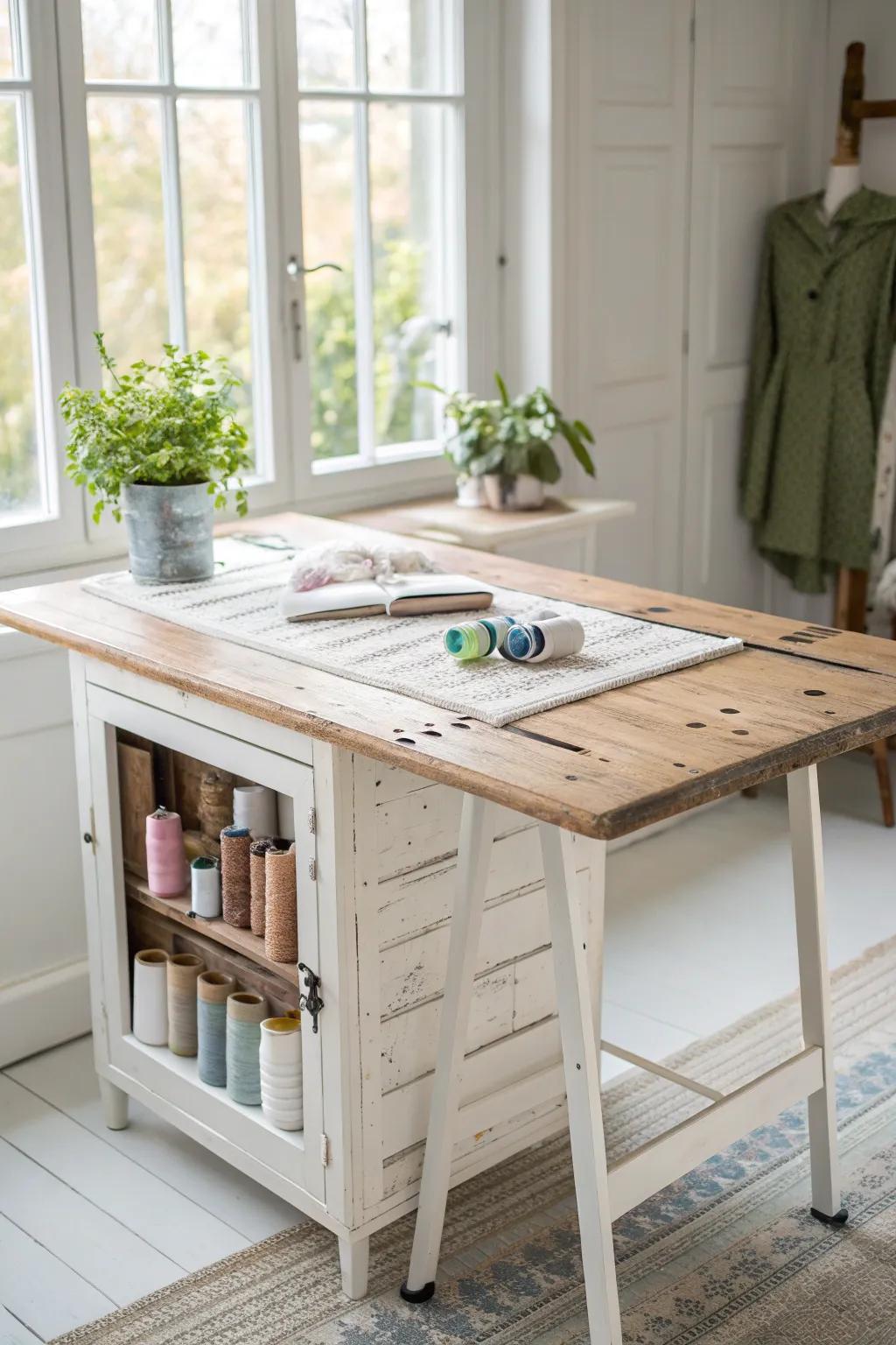 Transform your sewing space with the rustic charm of an upcycled door table. A blend of simplicity and creativity!