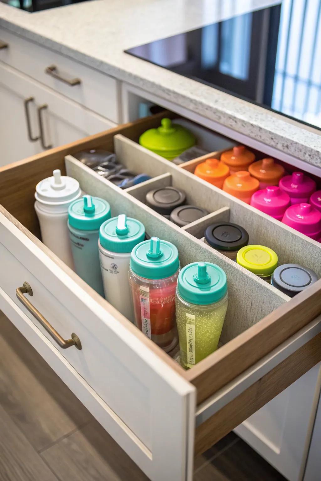 Custom drawer dividers provide an organized space for shaker bottles.