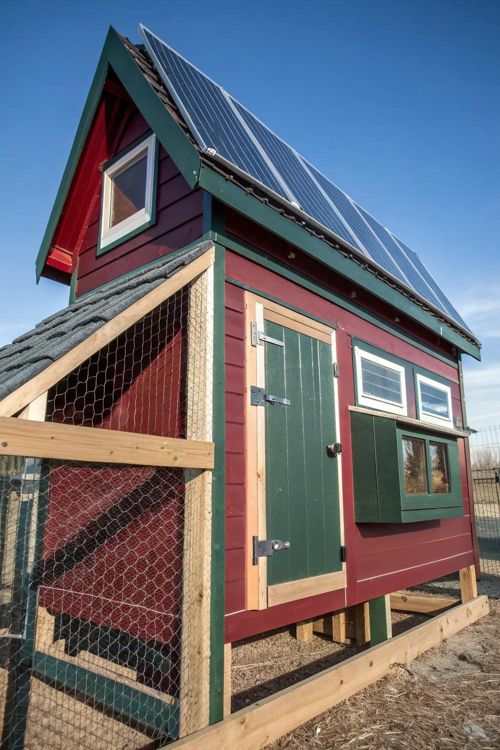 Harness the power of the sun with this expertly crafted, solar-powered chicken coop. Perfect for eco-conscious enthusiasts!