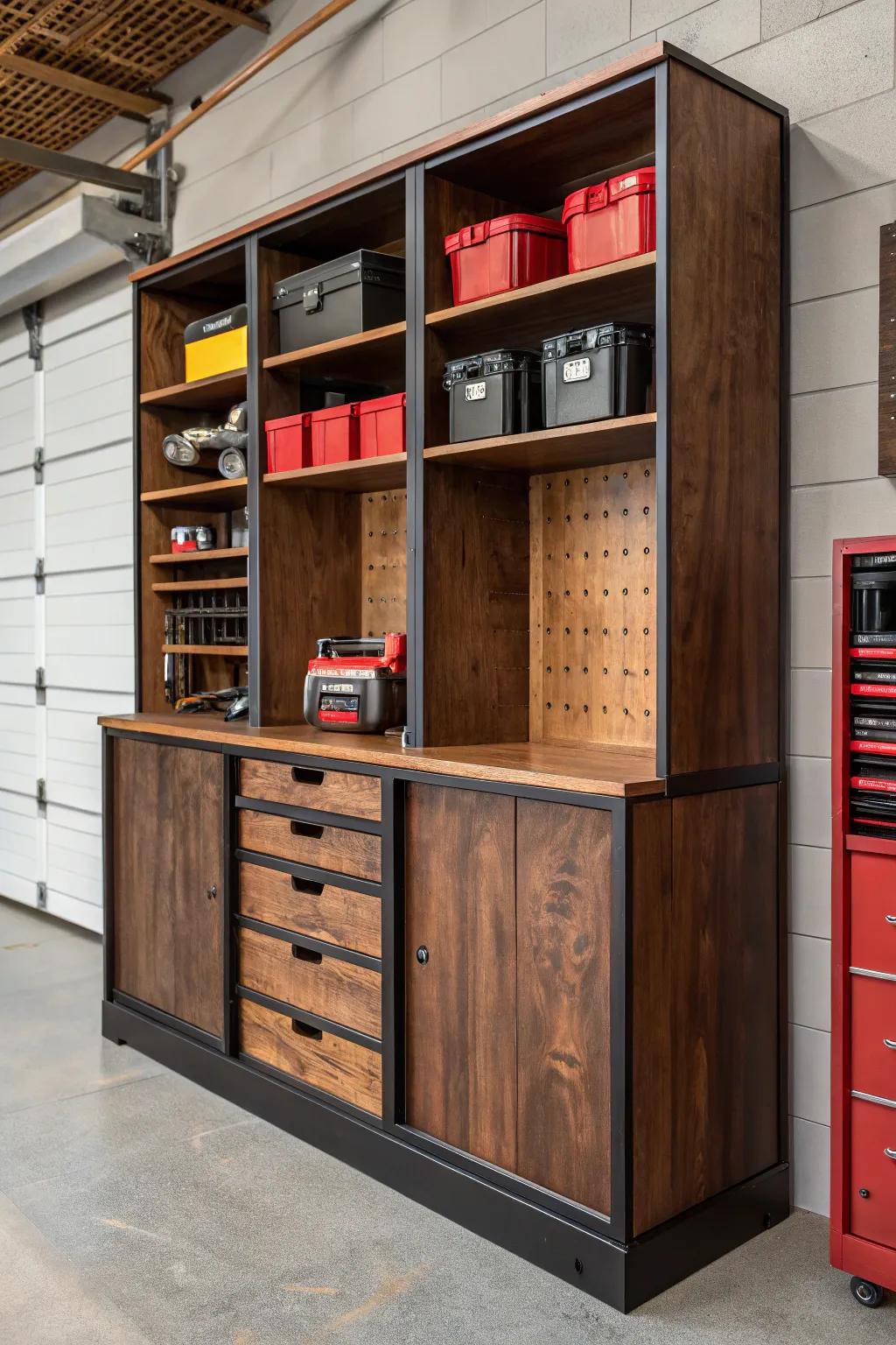 Elevate your shed with custom craftsmanship: adjustable shelving tailored to your needs.