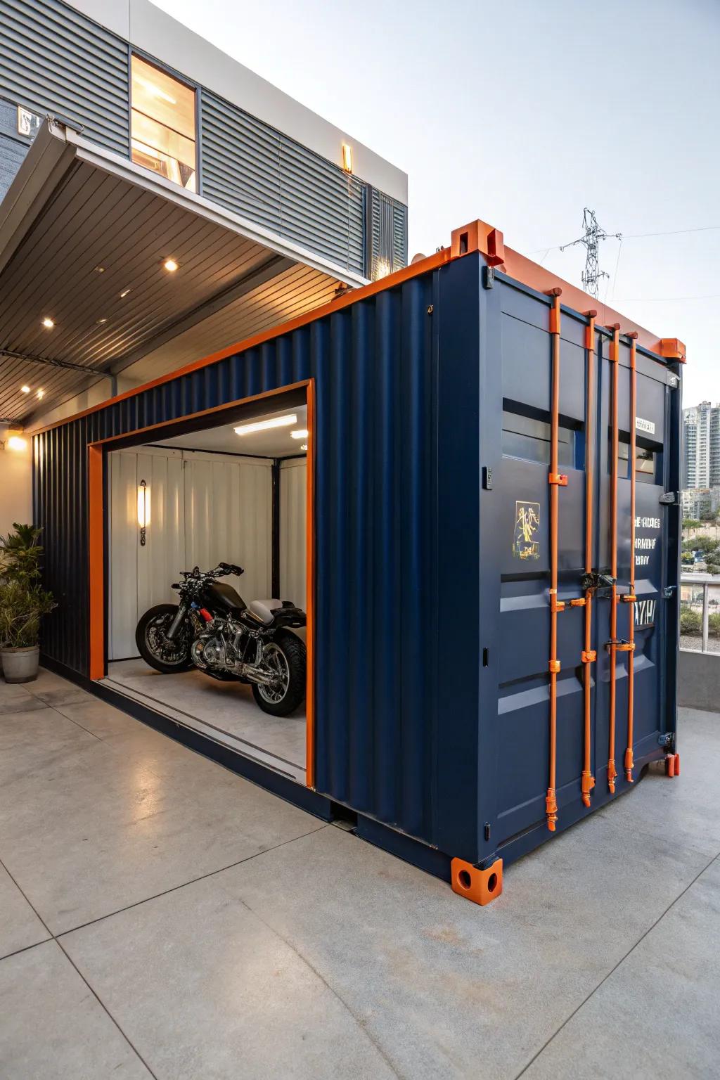 Discover the art of modular design with this striking shipping container garage, perfect for the modern craftsman.