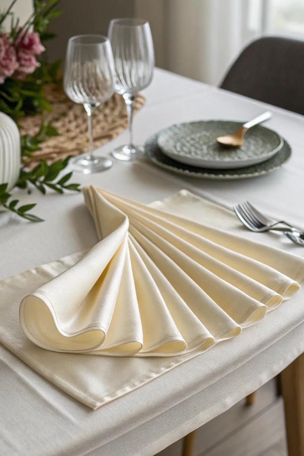 A silk napkin folded into an accordion pleat, offering texture and modern elegance to your table.