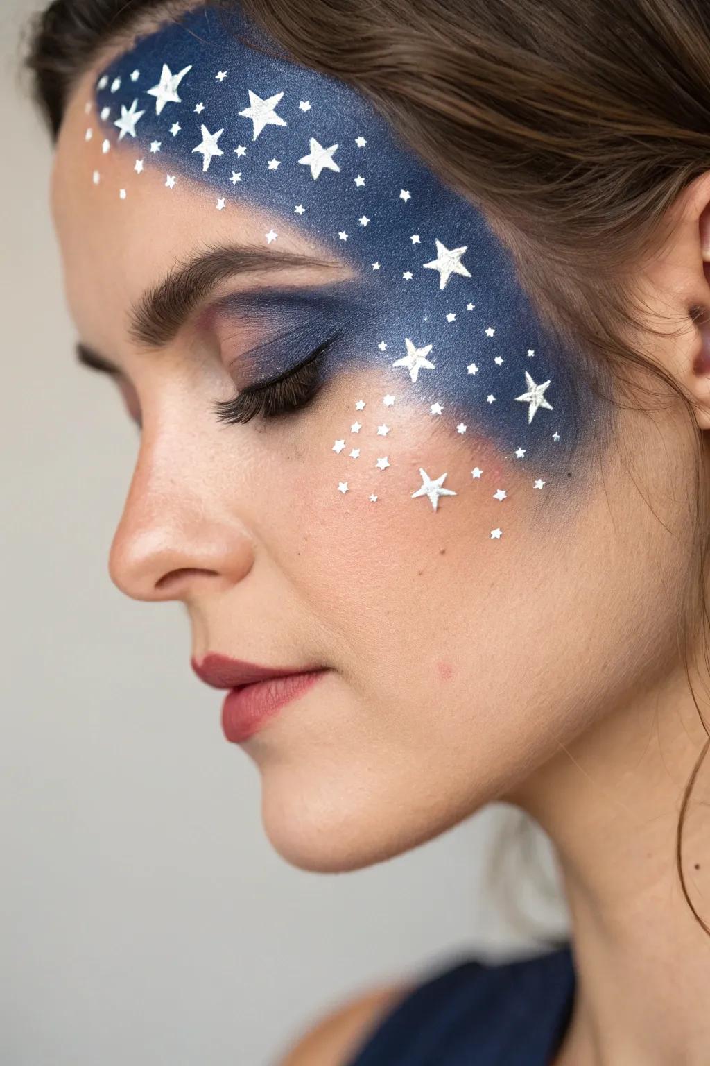 Embrace the night with a celestial touch—simple yet stunning starry face paint that captivates.