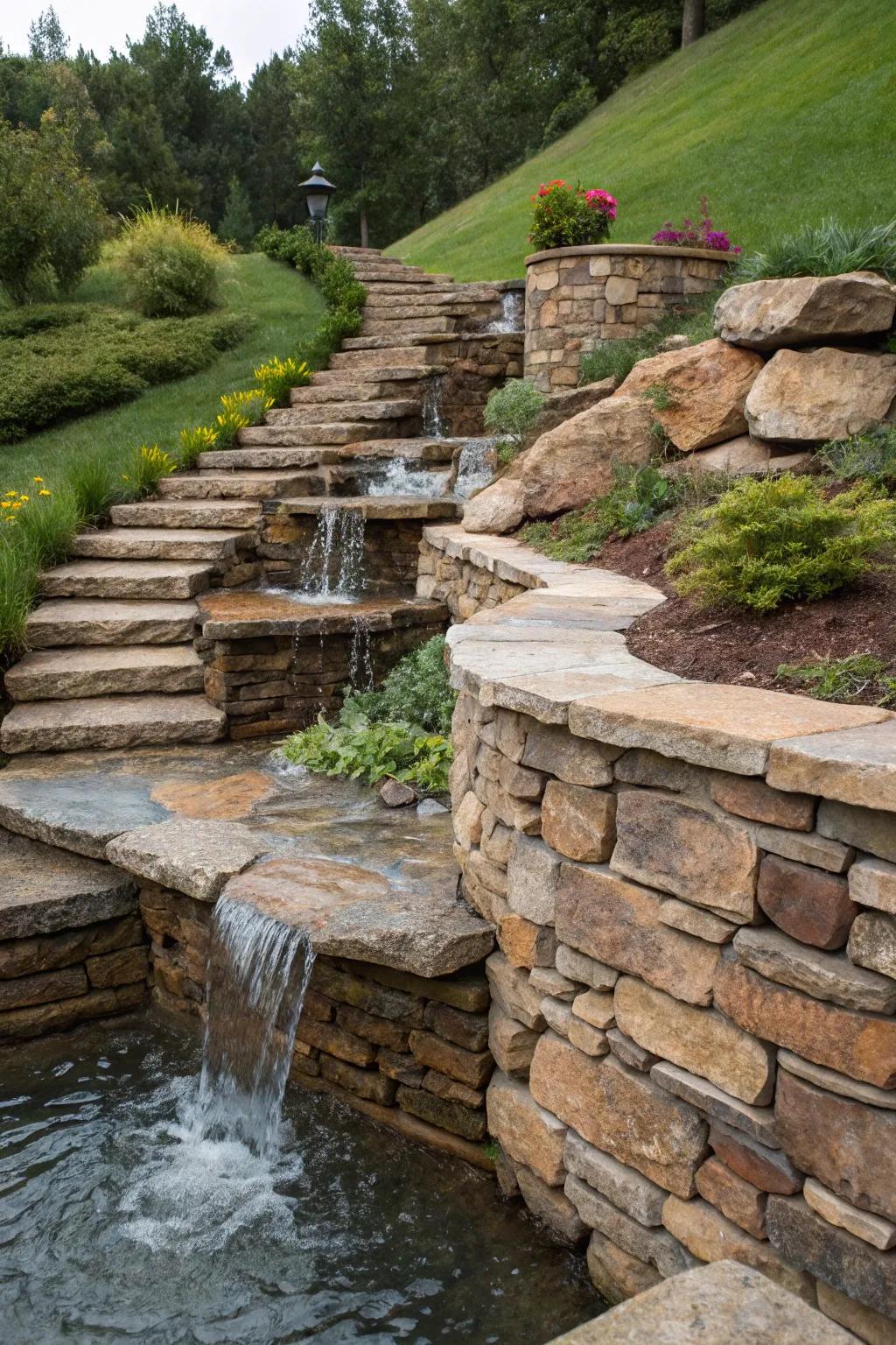 Transform your backyard into a serene oasis with a crafted stone wall waterfall.