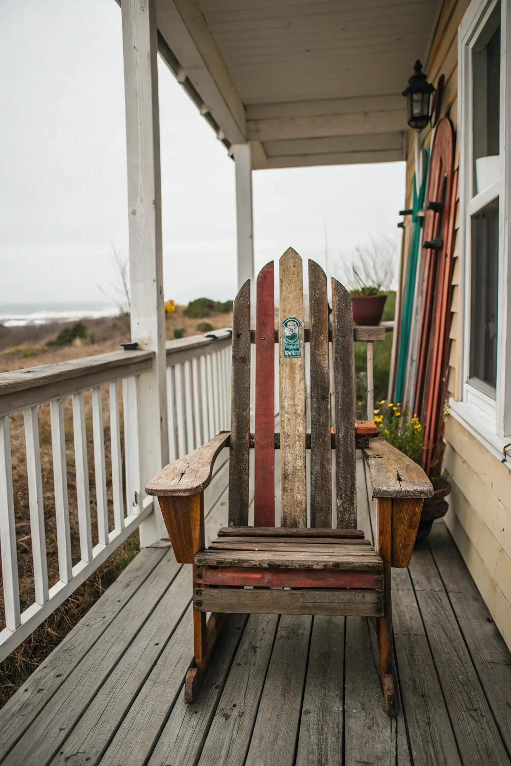 Sit back and relax in a chair crafted from vintage skis.