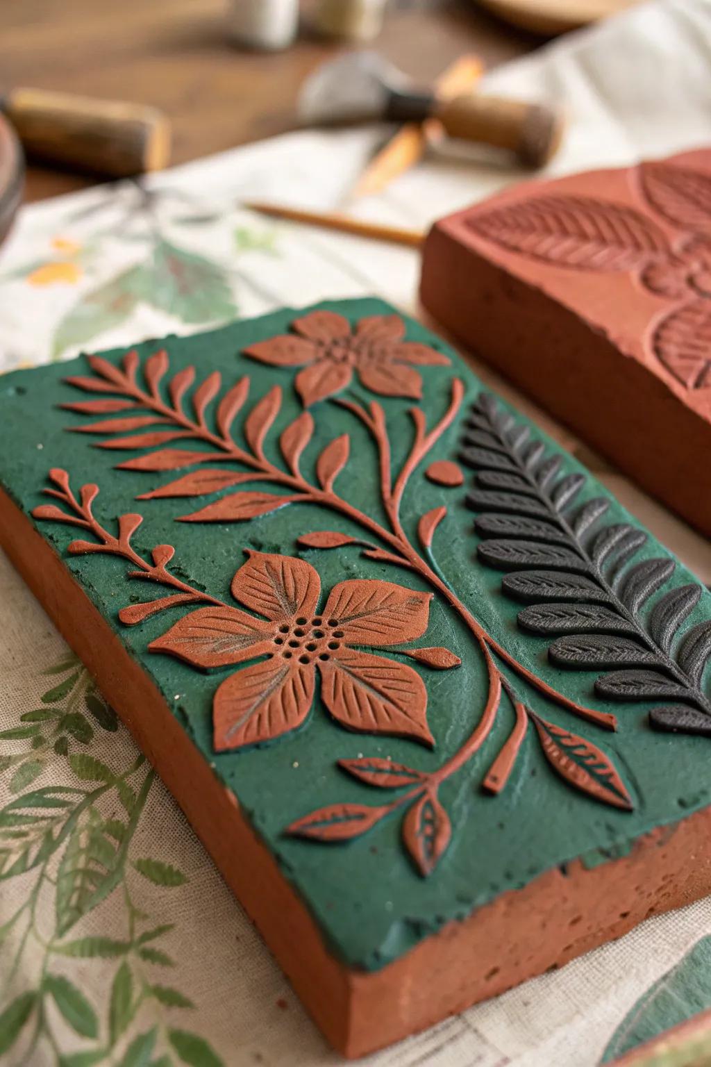 Nature's Artistry: Botanical imprints bring a vibrant, earthy touch to handcrafted slabs.
