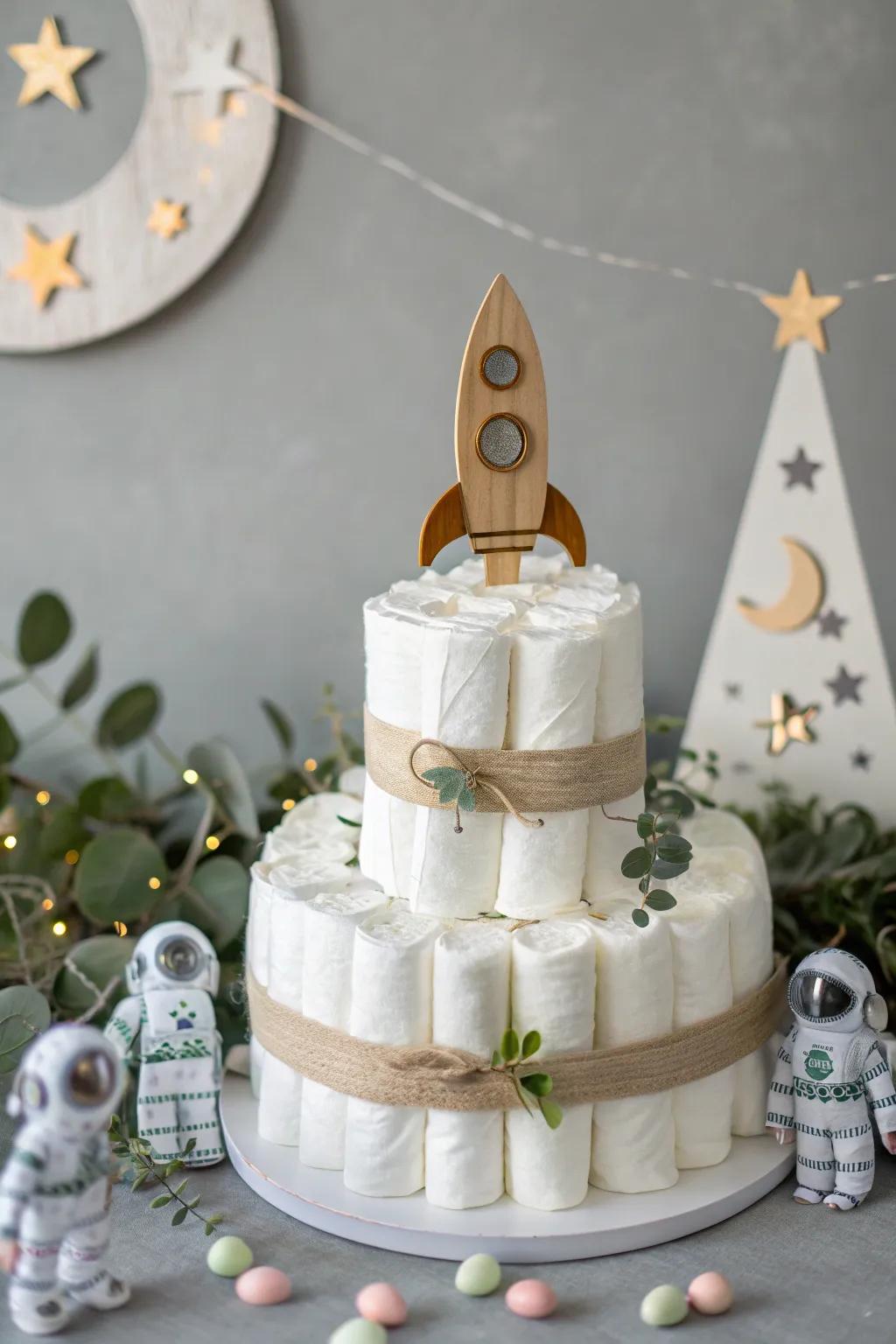 Blast off into cuteness with this space-themed diaper cake! Perfect for little explorers. 🚀✨