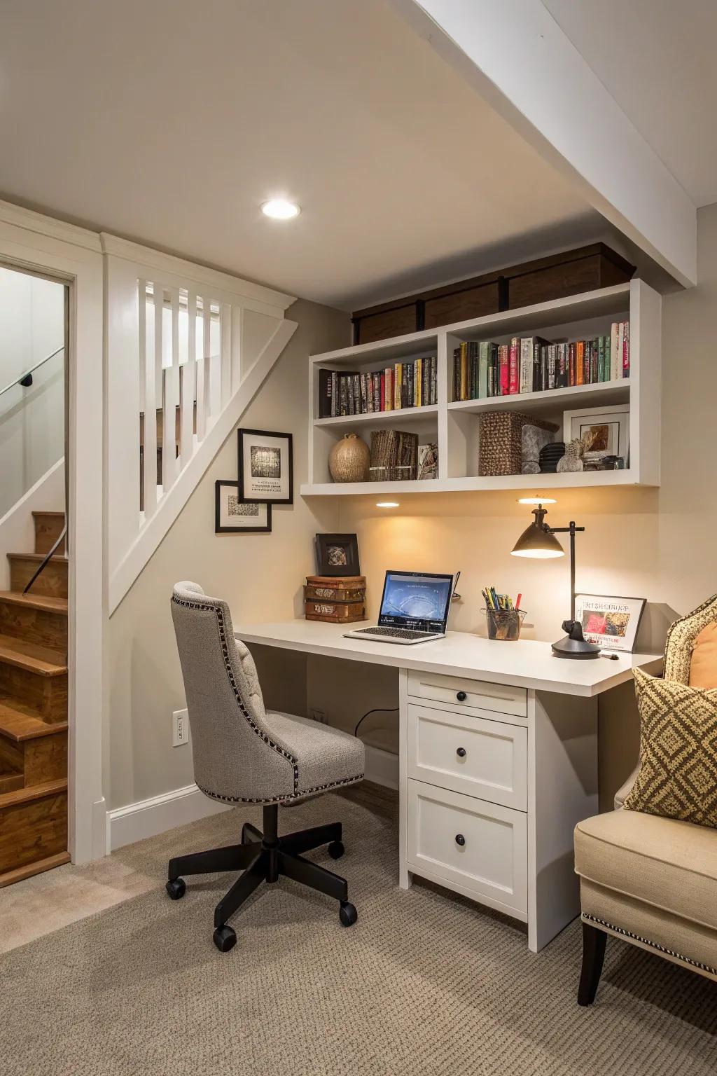 Carve out a quiet and productive home office in your basement.