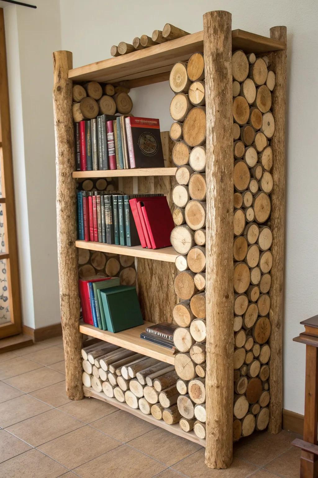 Transform your space with a stunning log bookshelf—where functionality meets artistry.