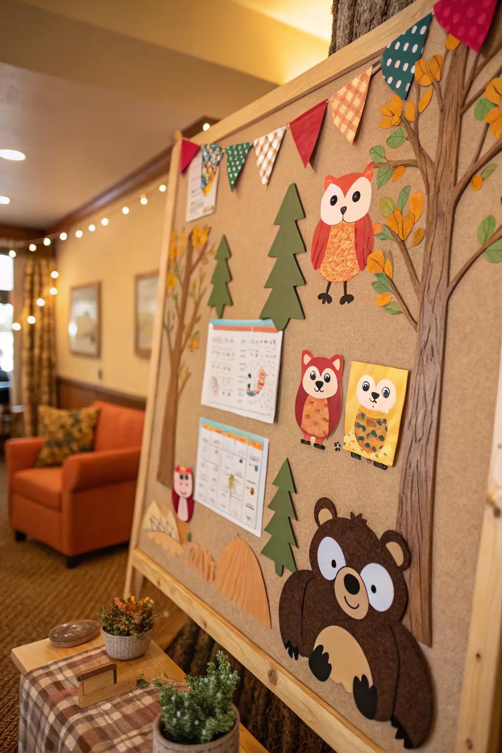 Woodland creatures add a whimsical and lively touch.
