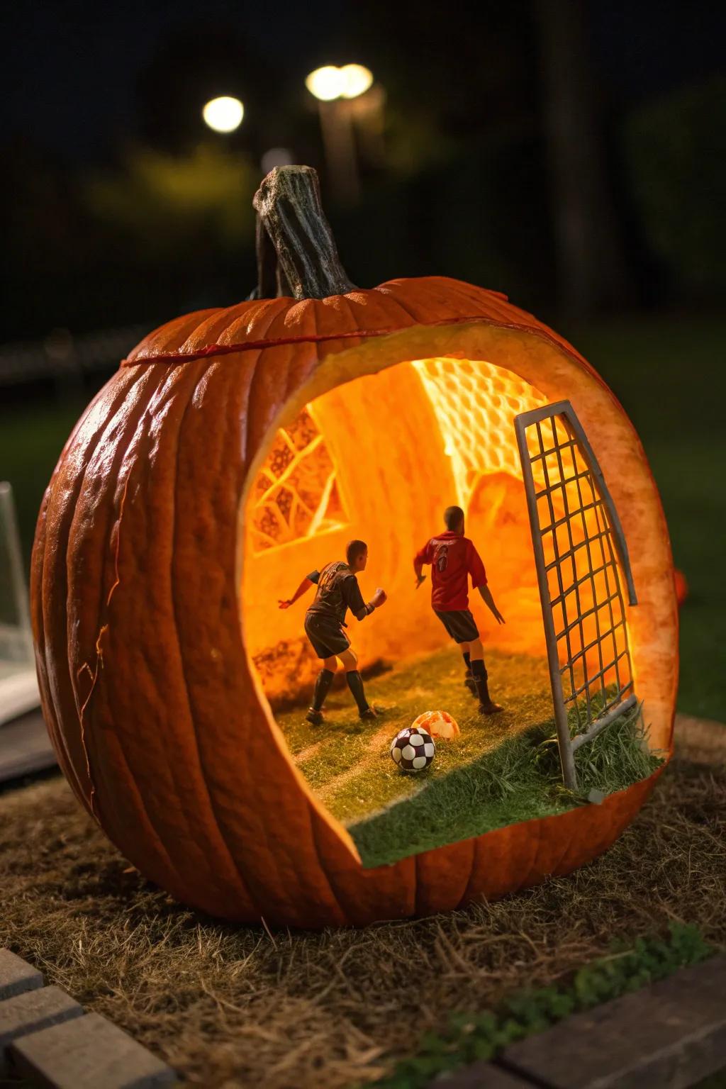 Witness the art of pumpkin carving with this dynamic soccer scene masterpiece!