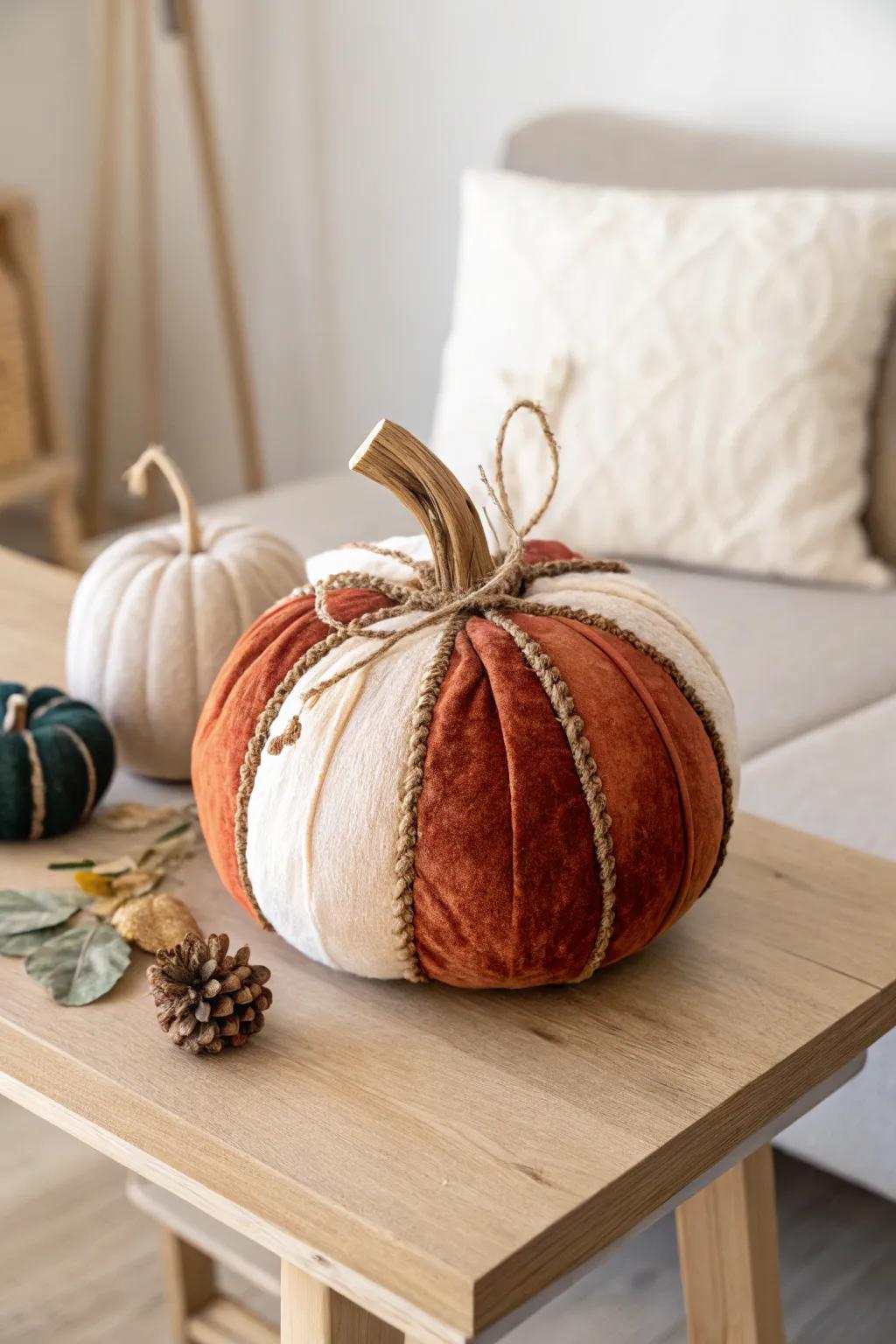 Celebrate the season with a touch of crafted elegance: A cozy plush pumpkin for your holiday decor.