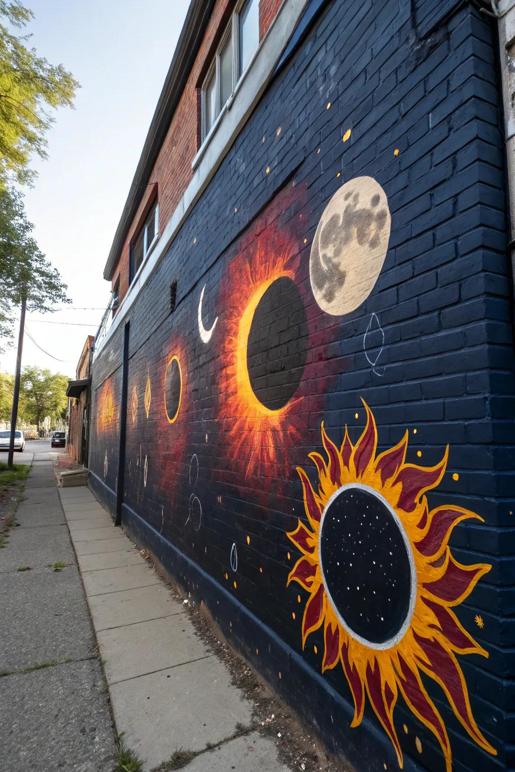 Capturing the grandeur of history: A timeline mural of solar eclipses in vibrant colors.