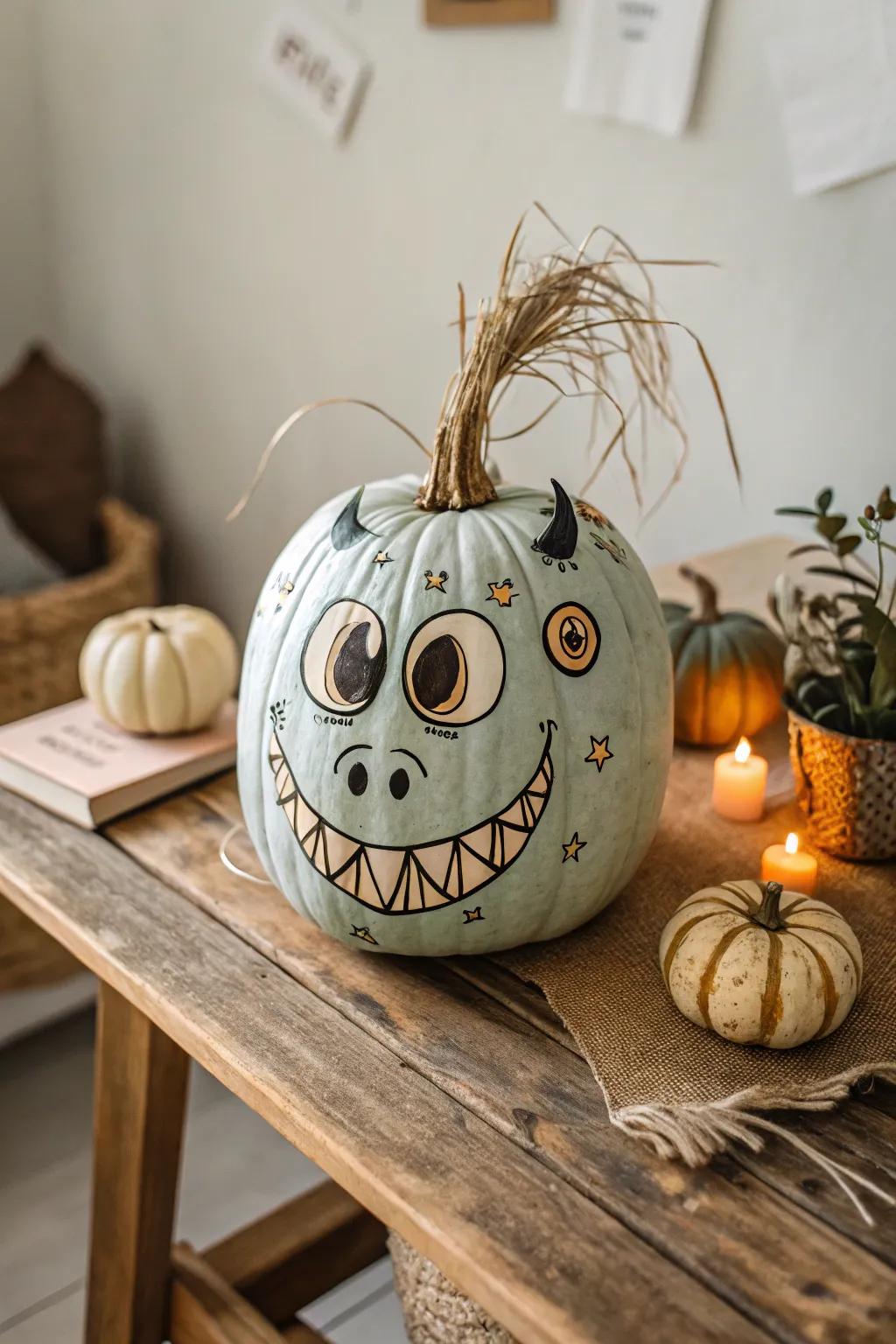 Unleash your inner artist with this whimsical monster mash pumpkin—where spooky meets stylish!
