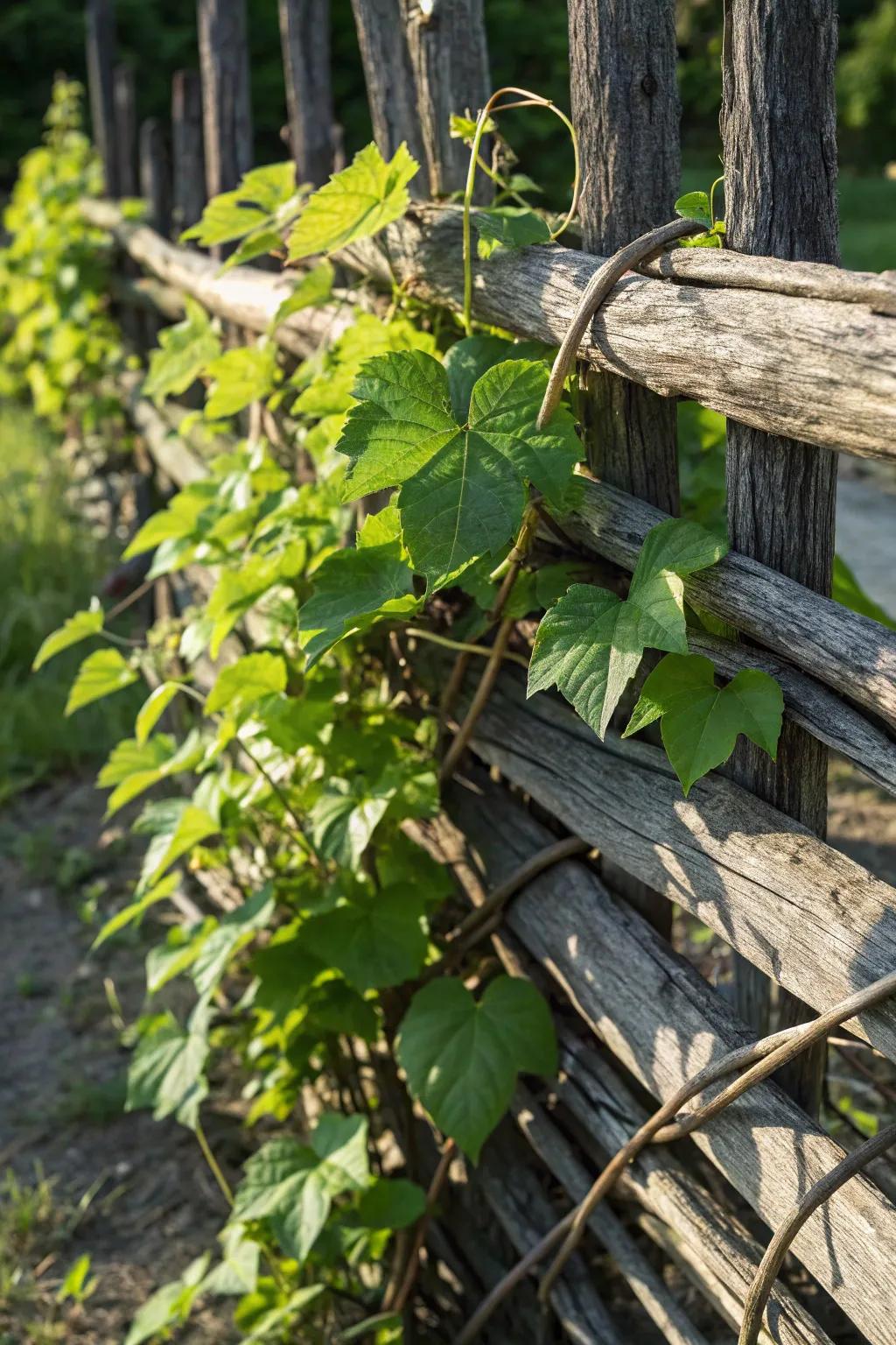 Nature's Artistry: A Twisted Vine Fence that Evolves with the Seasons.