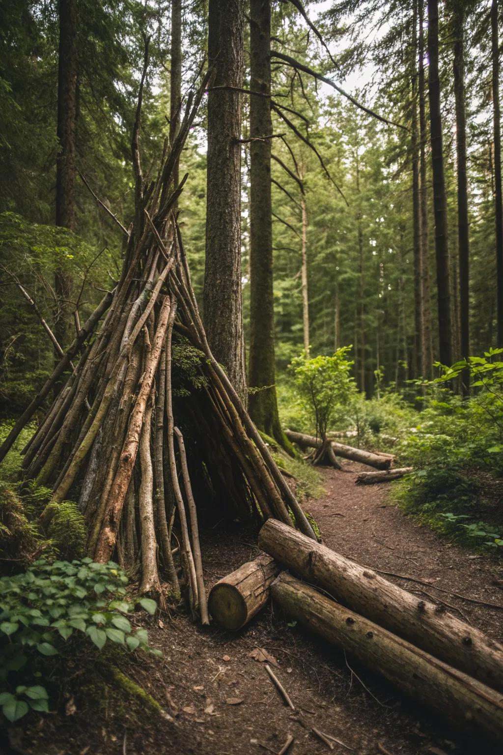 Embrace the art of simplicity with a handcrafted lean-to, your perfect woodland retreat.