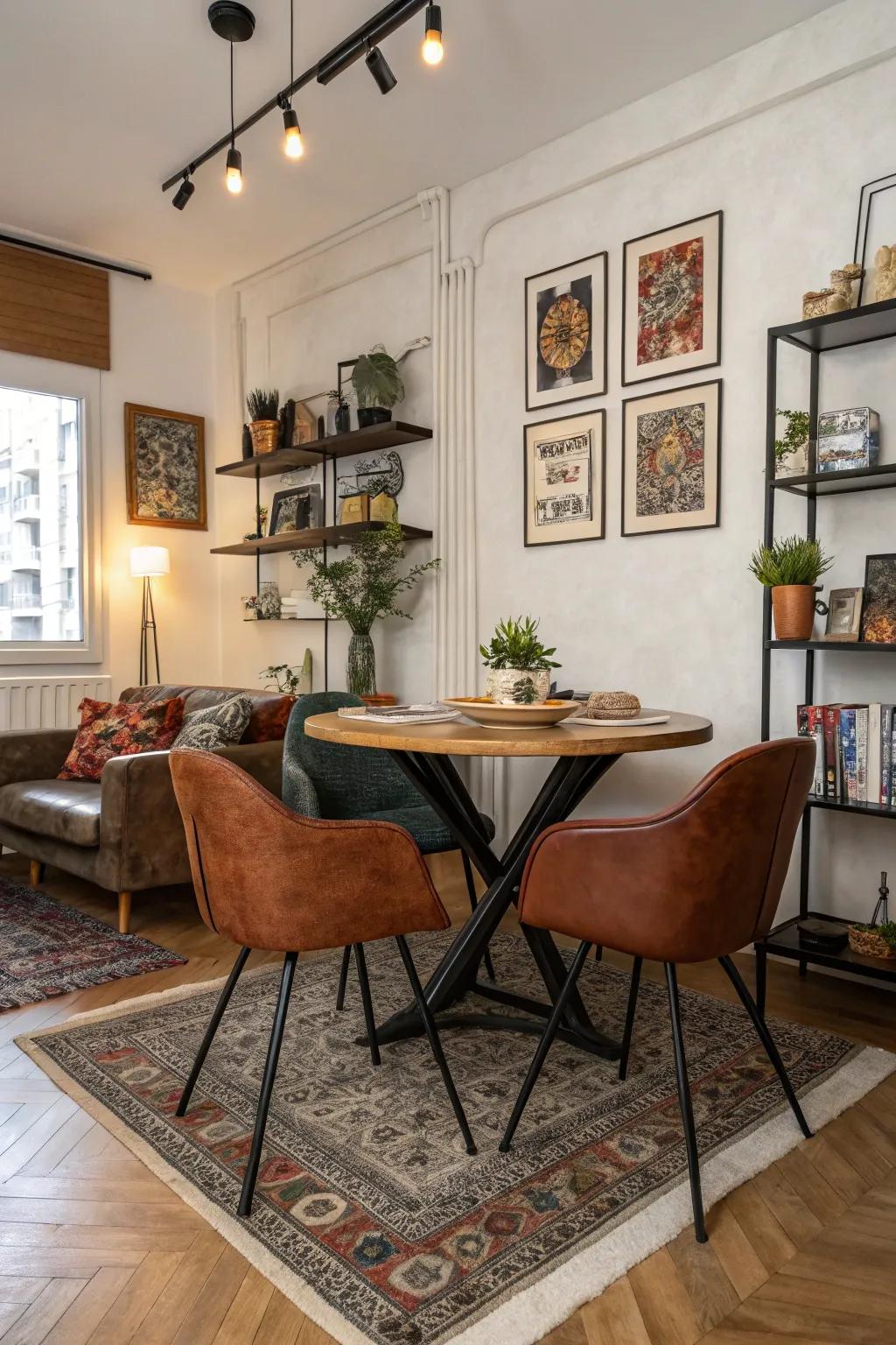 Mixed materials add modern flair to dining areas.