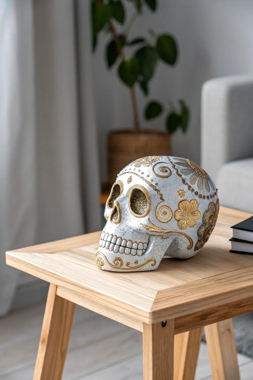 Embrace the allure of Metallic Magic with this stunning sugar skull accent piece.