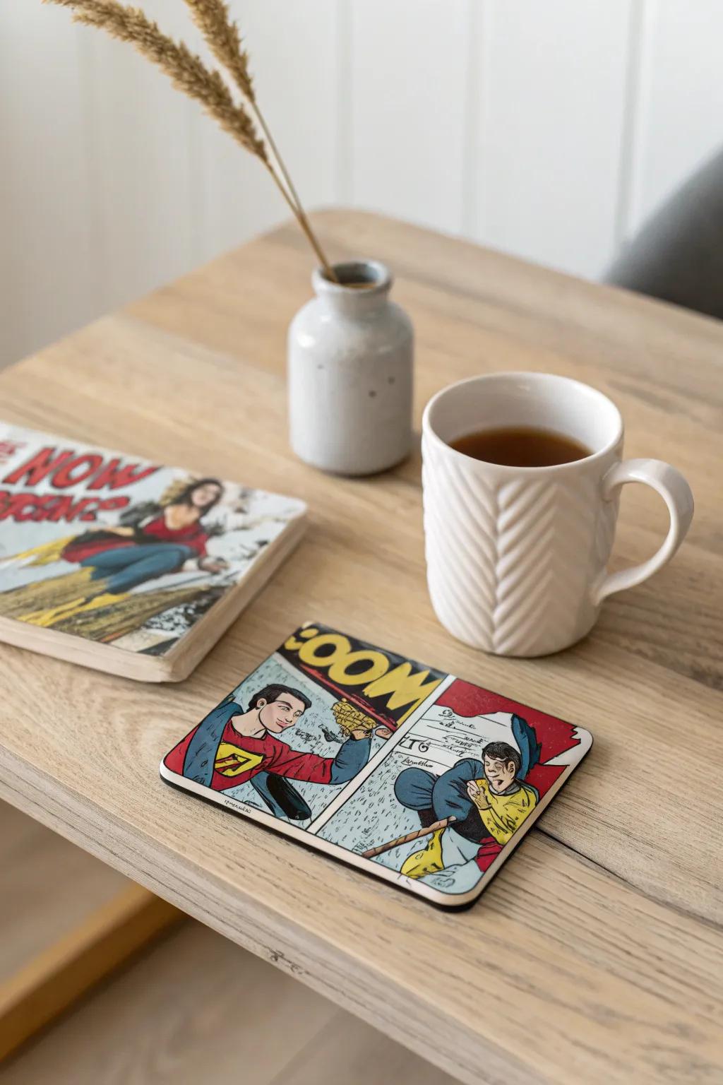 Transform your old comics into stylish coasters and add a playful touch to your minimalist decor.