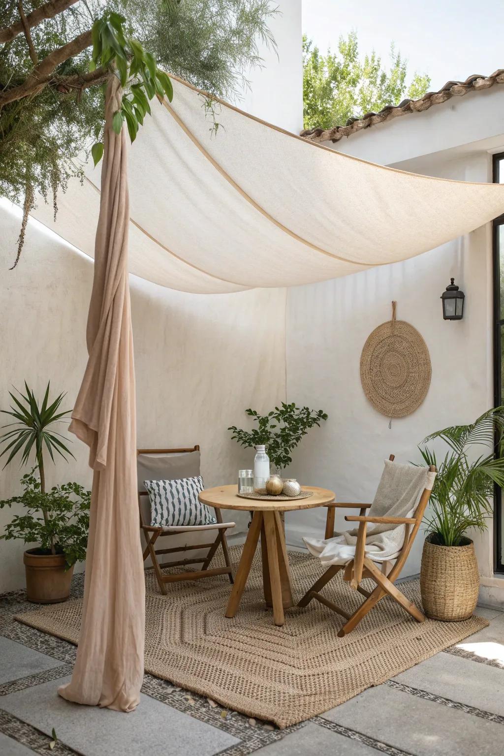 Embrace the sun with style: Create your own chic shade sail for a touch of elegance and comfort on your patio.