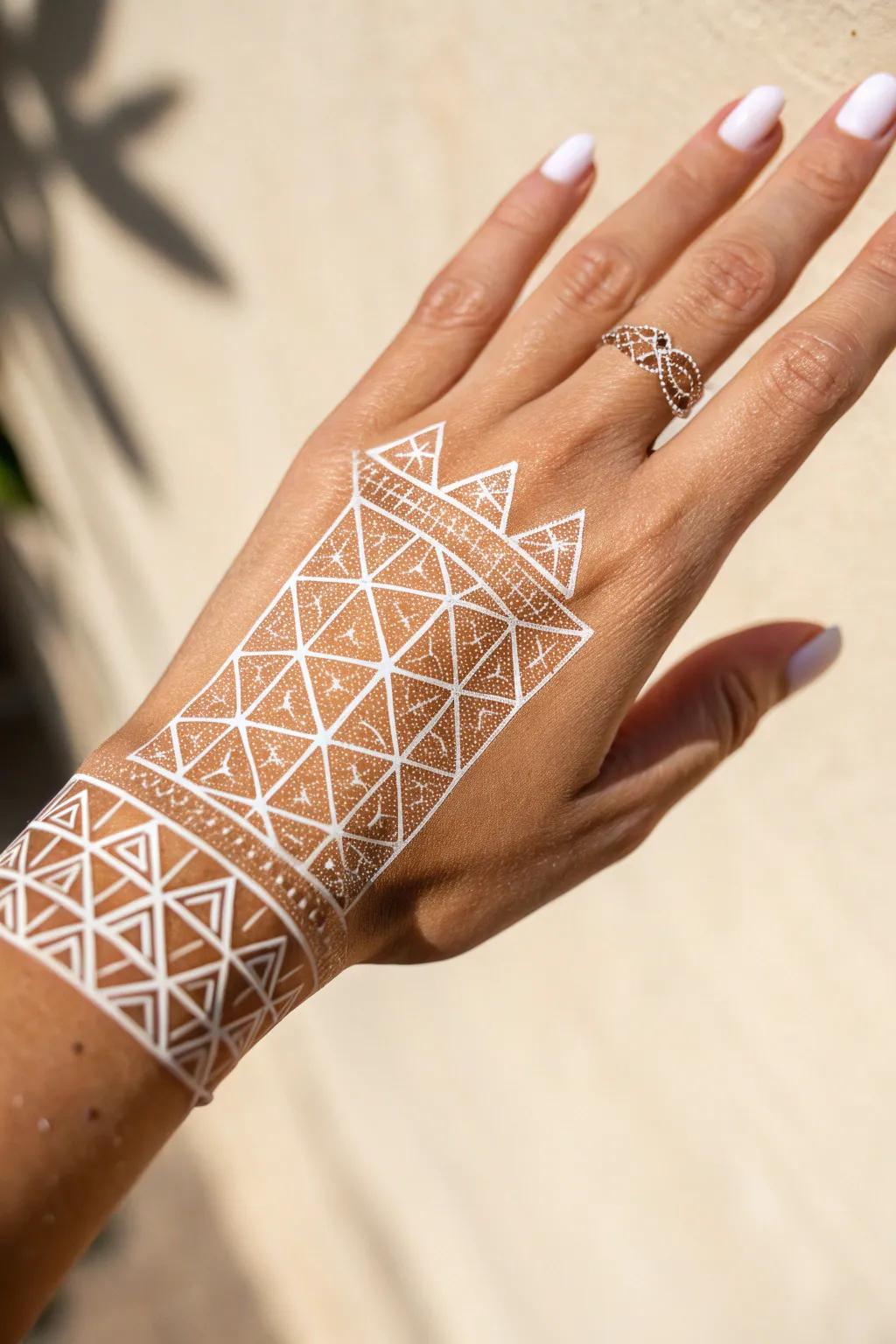 Embrace modern elegance with geometric designs that transform your hand into a canvas of art.