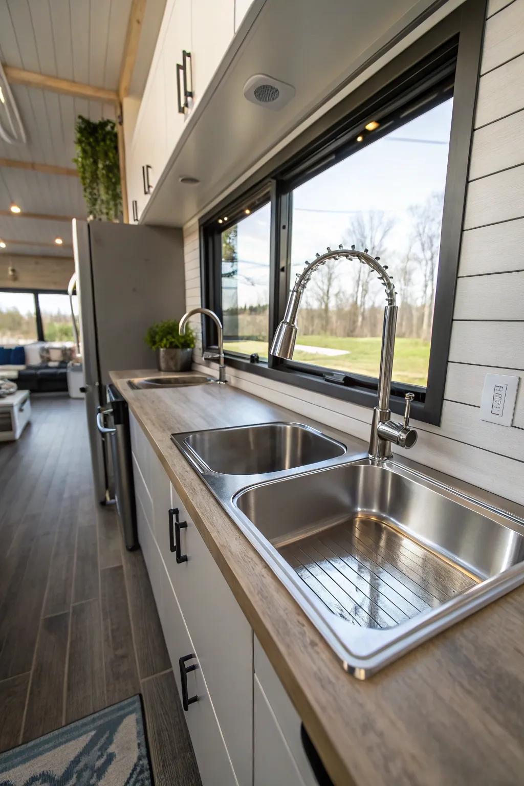 A stainless steel sink offering durability and style in a tiny house kitchen.