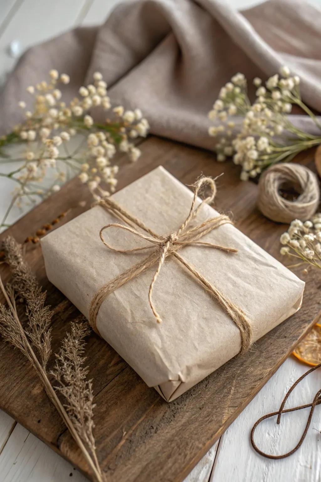 Embrace vintage elegance with sepia tones and twine for a gift wrap that whispers nostalgia.