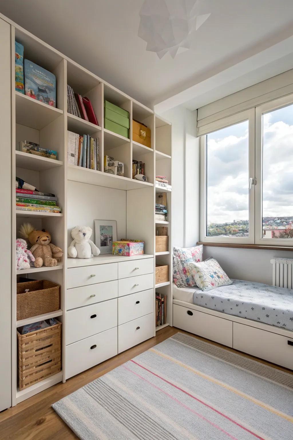 Space-saving solutions keep the room functional and open.