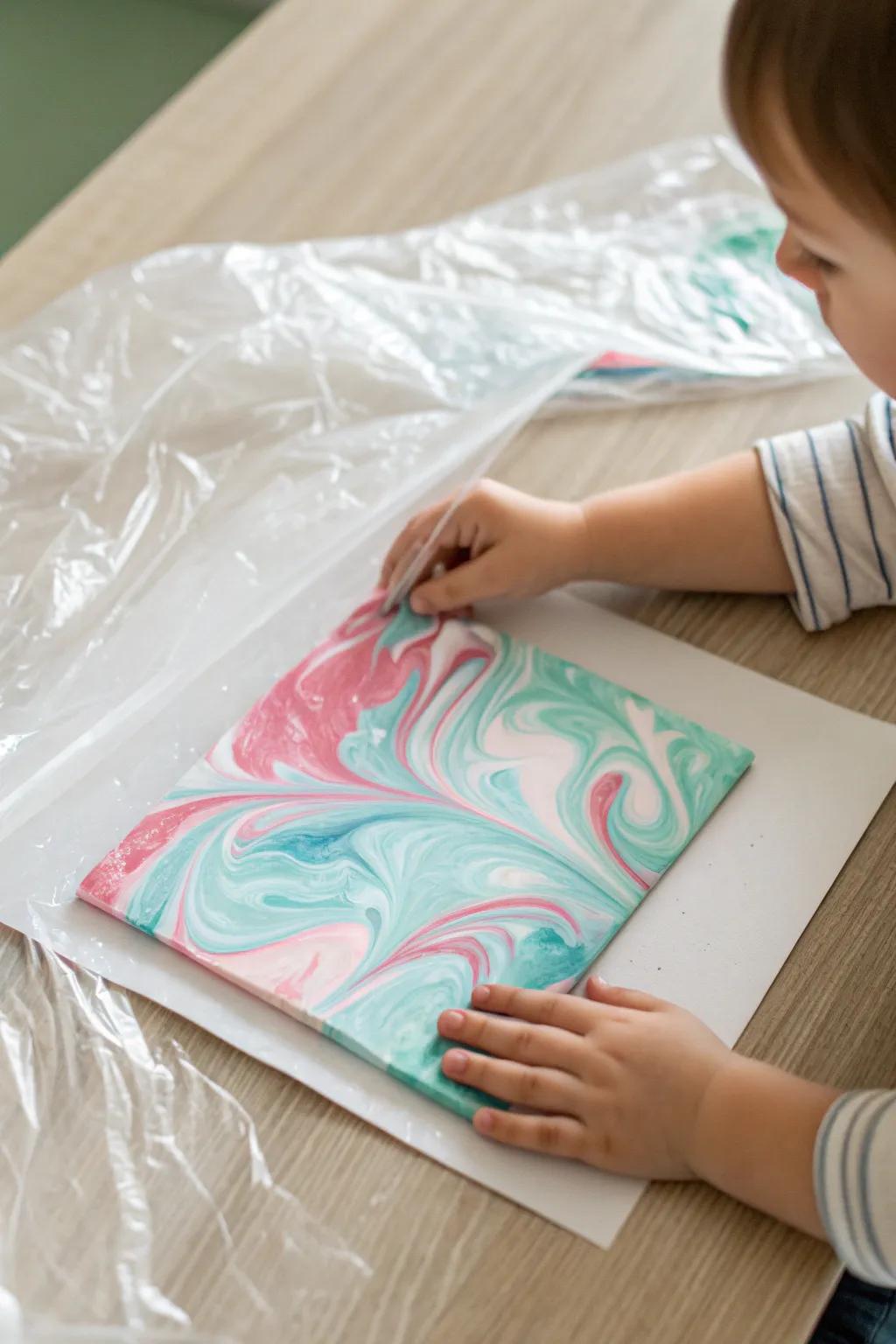 Discover the magic of mess-free creativity with Plastic Wrap Art—where little fingers create stunning marble designs effortlessly.