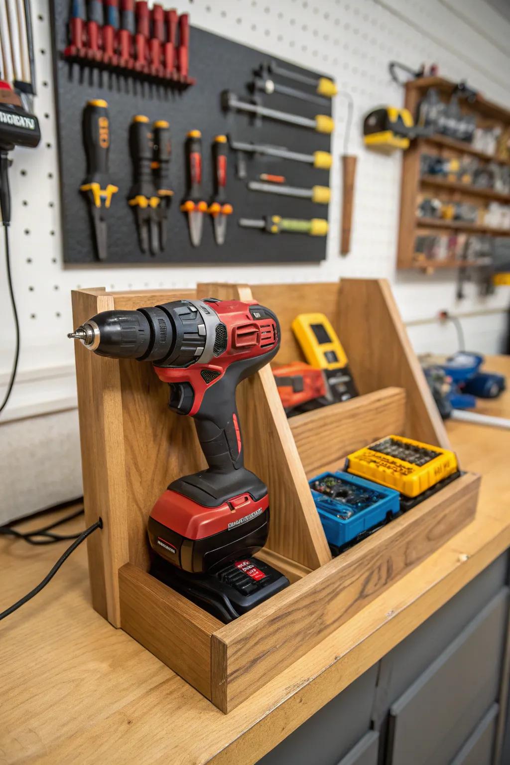 Transform your garage with a sleek, handcrafted docking station for always-ready power tools!